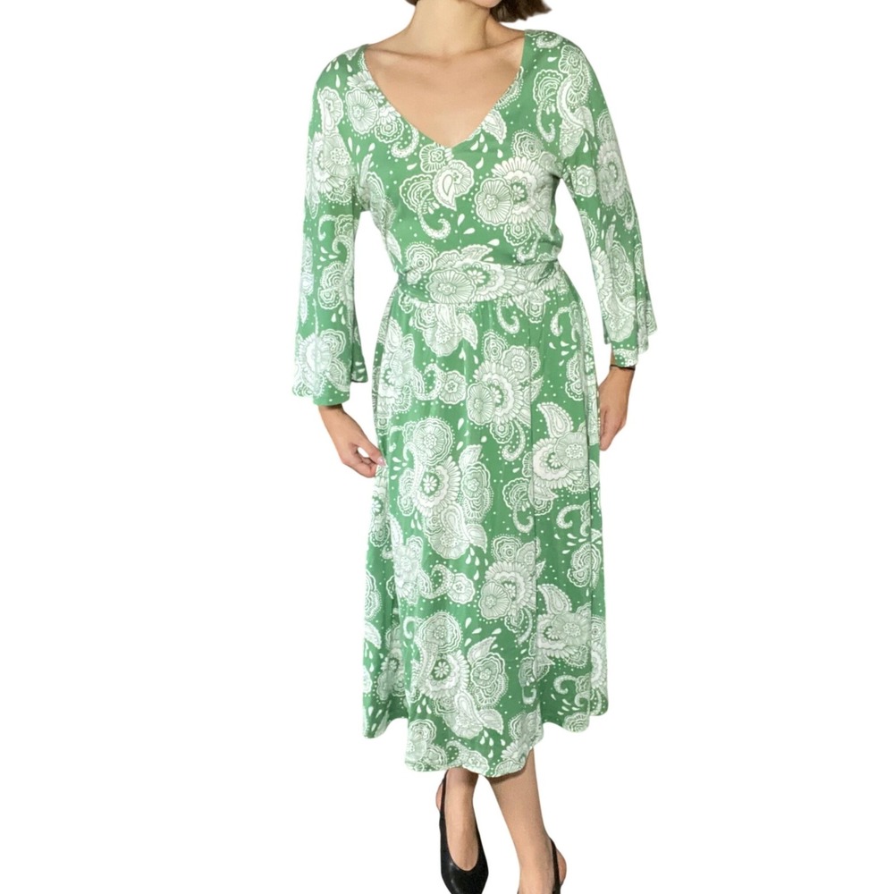 BODEN Quiet Luxury Green Paisley Trumpet Sleeve Tie Waist Midi Dress Soft Girl - Picture 13 of 14